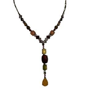 DB vintage necklace multi colored gem toned stones 18" long & 9.5" drop art deco